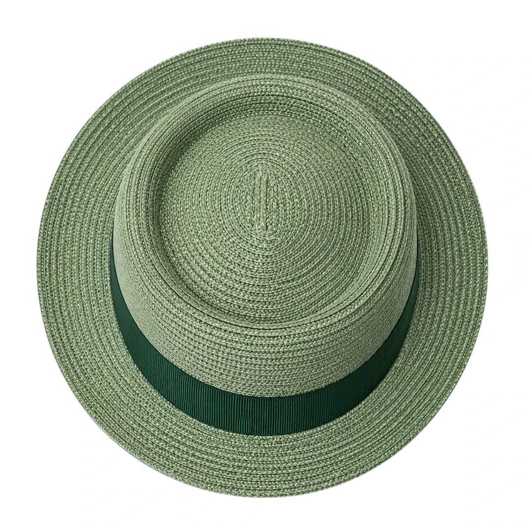 Zlaita Green Woven Pork Pie Hat with Dark Ribbon